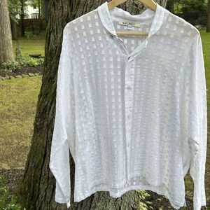 PLANET by Lauren G Top OS One Size White Sheer Square Print Blouse Button Up